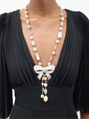 Chanel Silver Ribbon Bow CC Crystal Neon Bead Pearl Necklace
